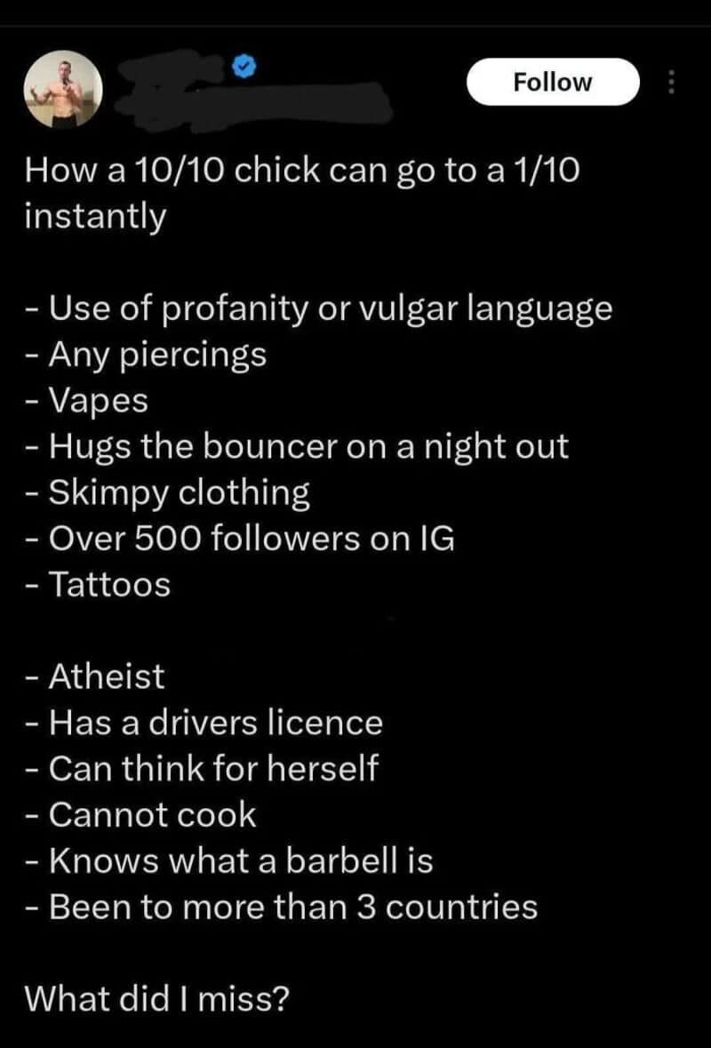 List of traits and behaviors of a 10/10 chick and a 1/10 guy.