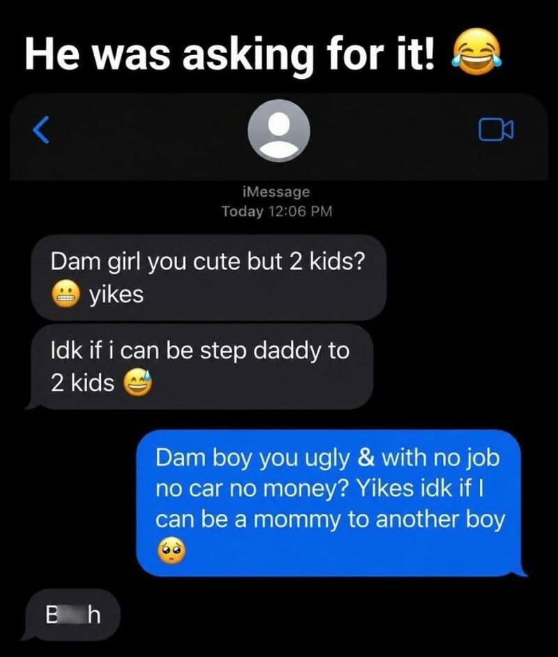 Text conversation about kids and appearance with laughing emojis.