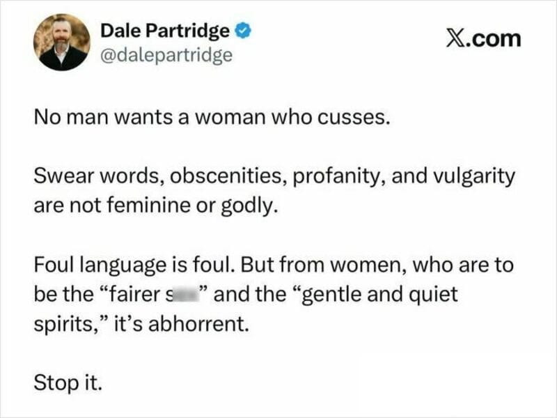 Dale Partridge's tweet about men and women, profanity, and language.