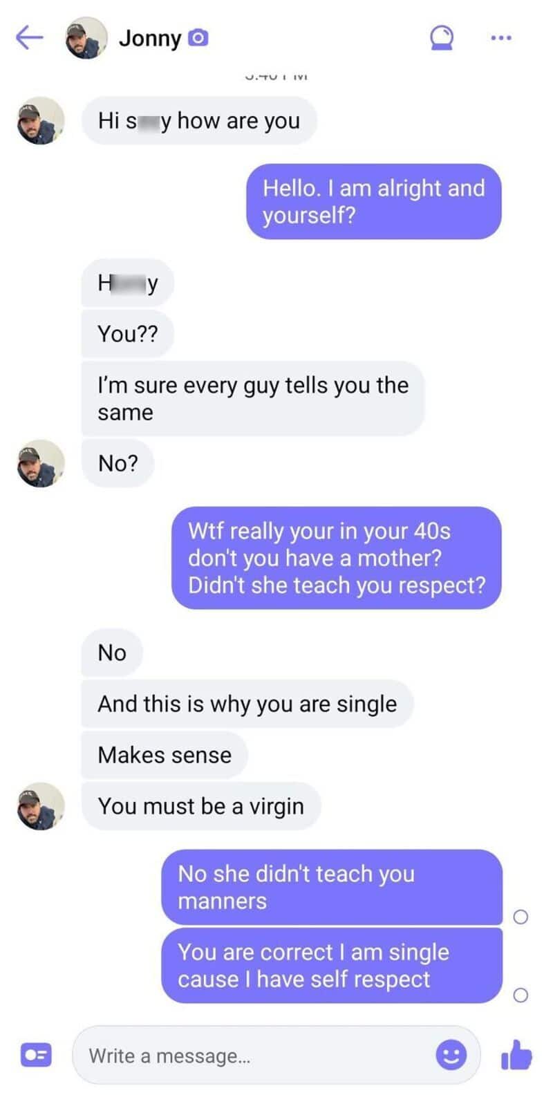 Conversation about self-respect and manners in a messaging app.