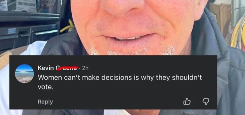 Close-up of a man's face with a comment about women and voting.