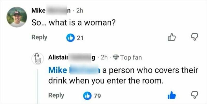 Facebook comment thread discussing the definition of a woman.