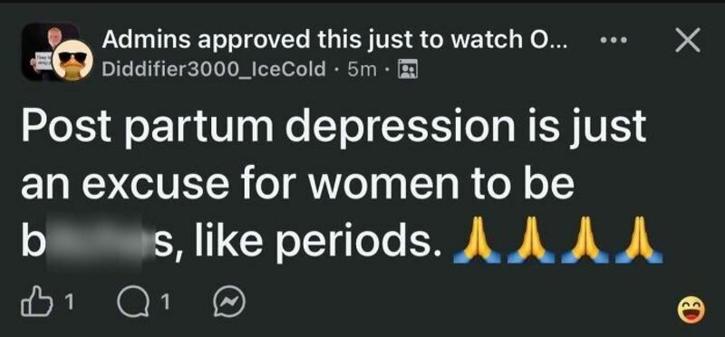 Post partum depression is just an excuse for women to be b****s, like periods.