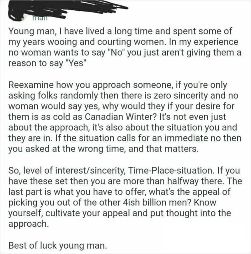 Young man giving advice about sincerity and approach in relationships.