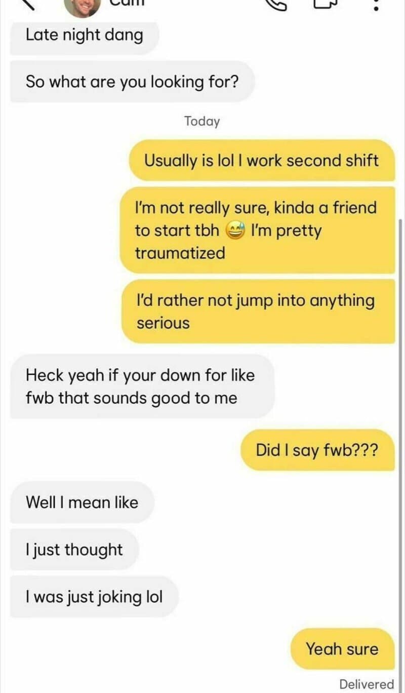 Text conversation about work shifts and feelings, with humorous and serious tones.