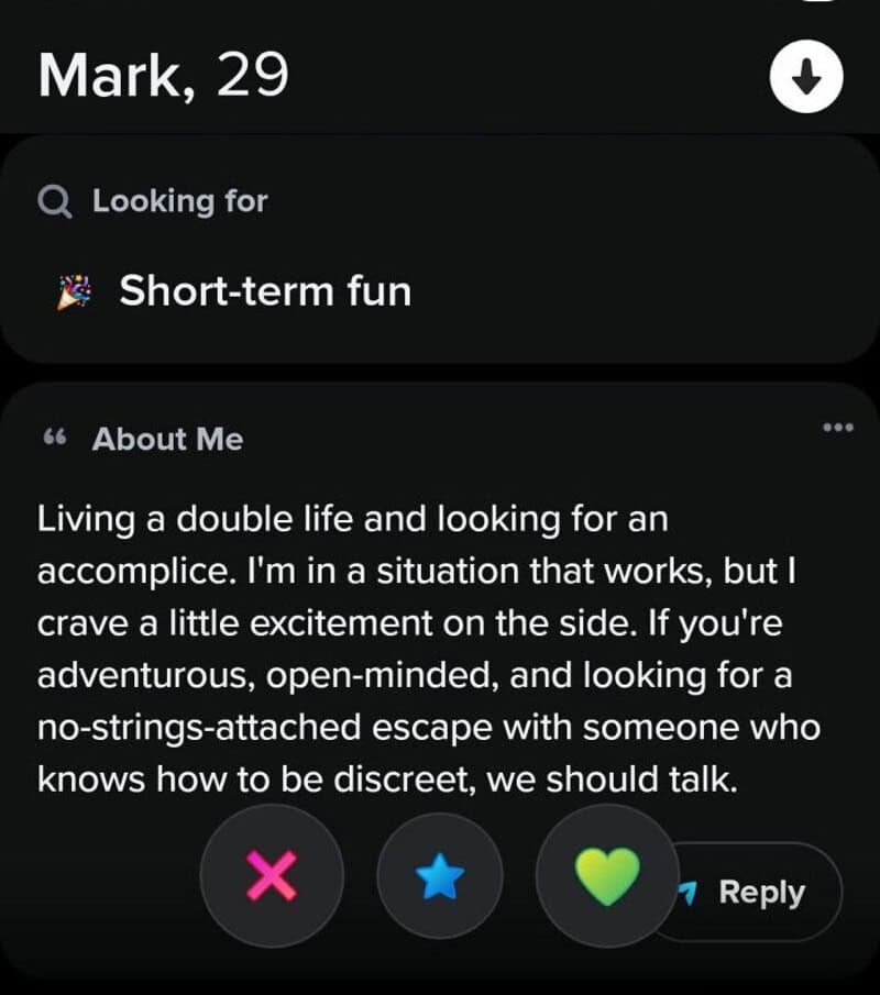 Profile of Mark, 29, with a short bio about living a double life and seeking excitement.