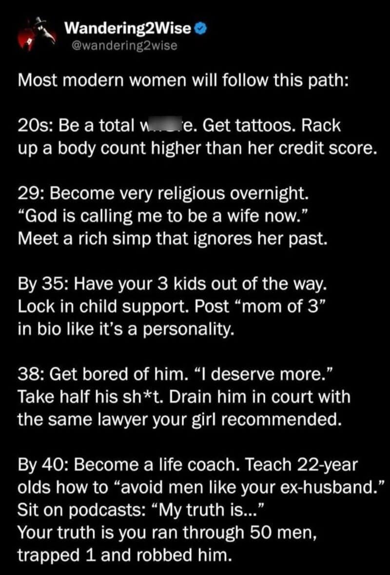 A humorous post about modern women's life paths and attitudes.