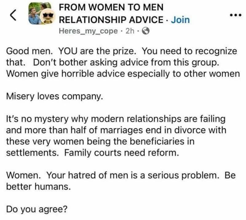 Facebook post about men, women, and relationships with text and profile info.