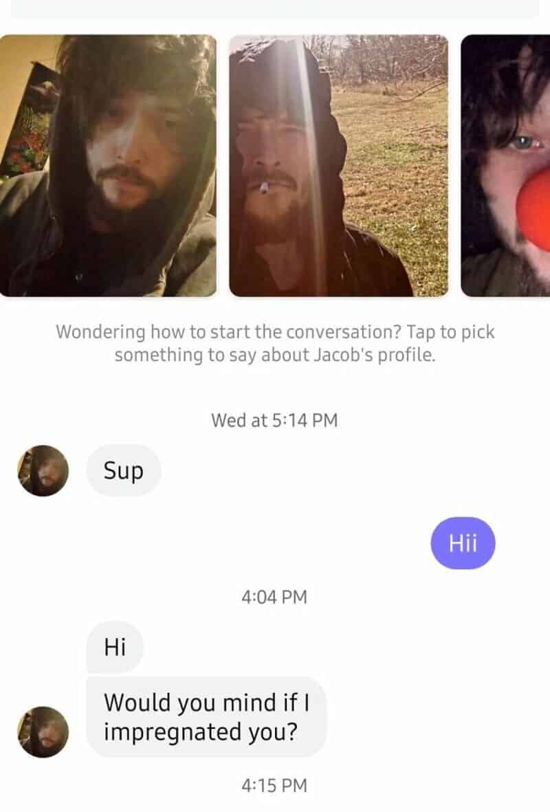 Three men with dark hair and beards outdoors, one with a red clown nose.