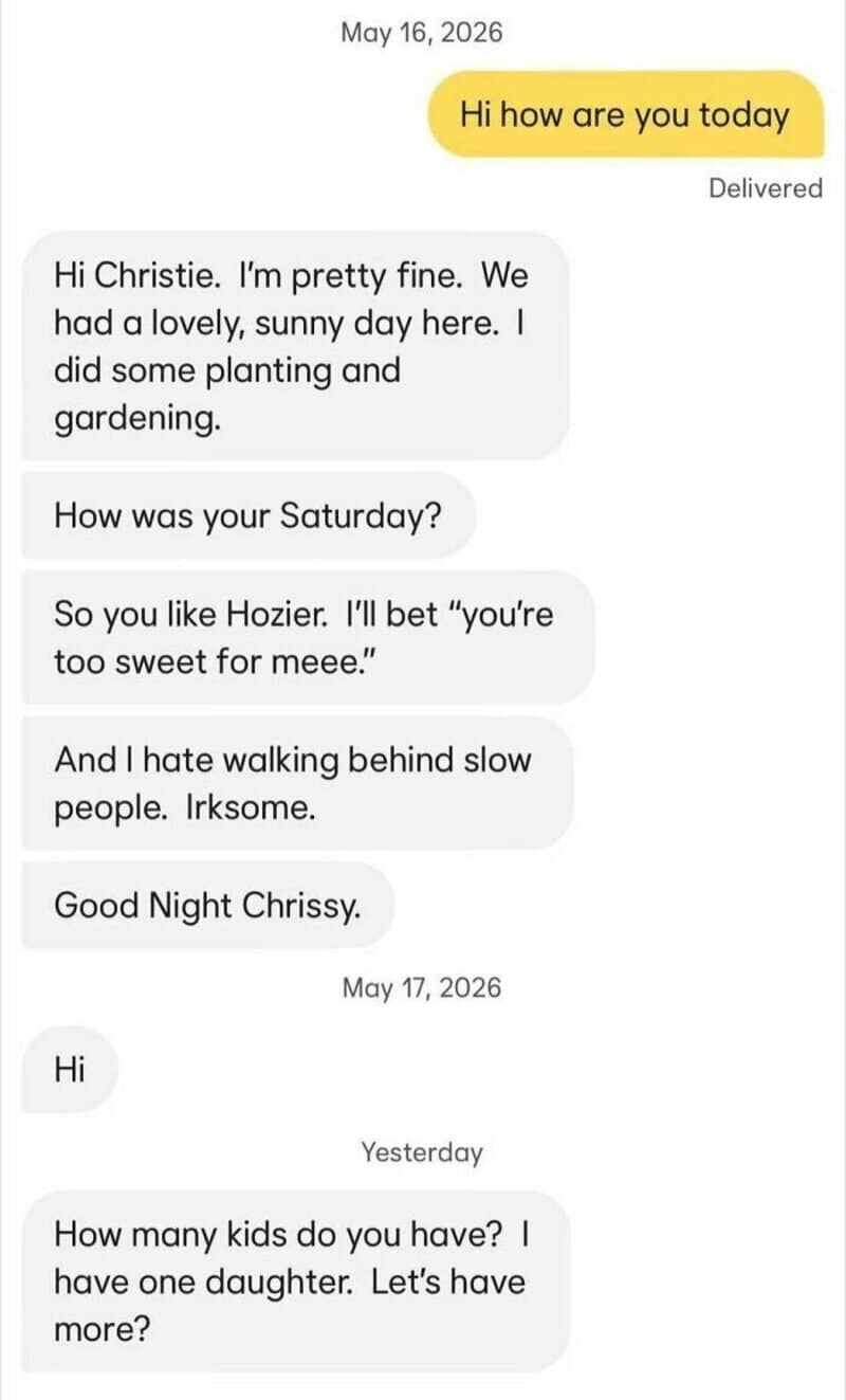 Text conversation about gardening, Hozier, walking behind slow people, and kids.