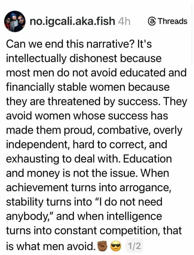 Discussion on men avoiding educated women and the impact of success.