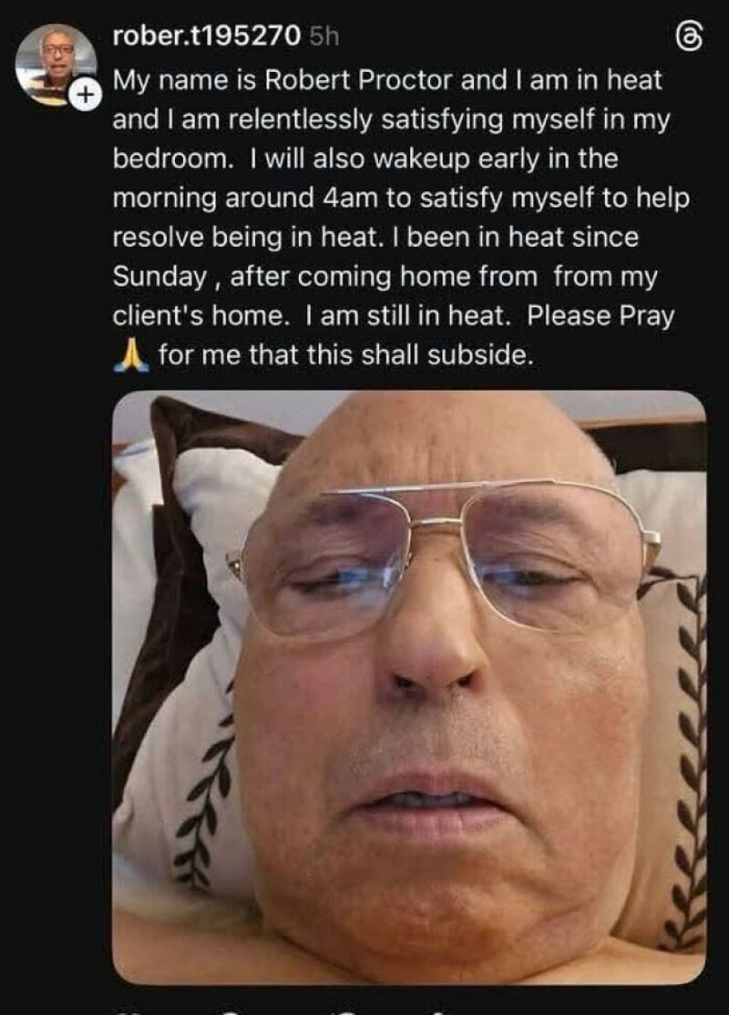 Close-up of Robert Proctor's face with glasses, lying in bed.