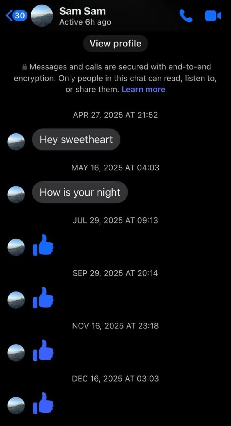 WhatsApp chat with messages and blue thumbs-up icons.