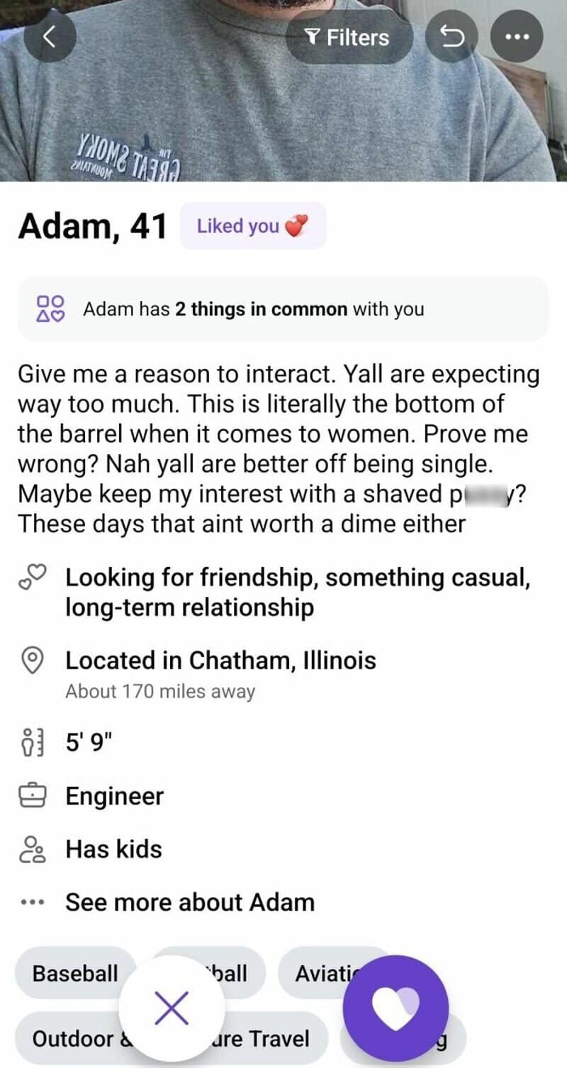 Profile of Adam, 41, wearing a gray T-shirt, with details about his interests and background.