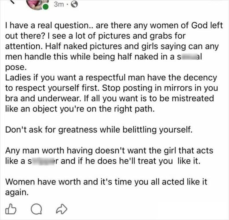 A social media post discussing women's worth and men's behavior.