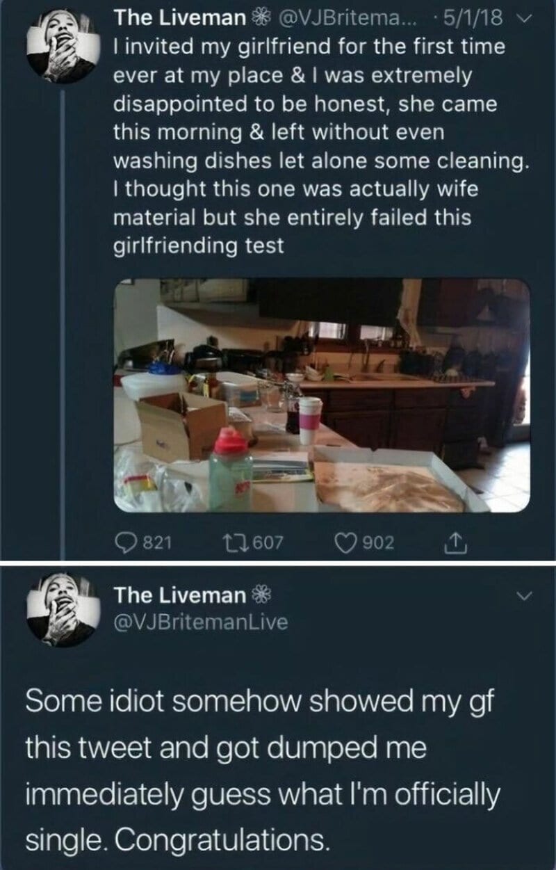 Messy kitchen with dishes and bottles, caption about girlfriend disappointment.