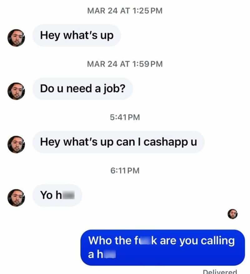 Screenshot of a text conversation with messages about job and cash app, with a small profile picture.