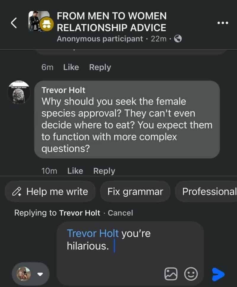 Facebook comment exchange about species approval and humor.