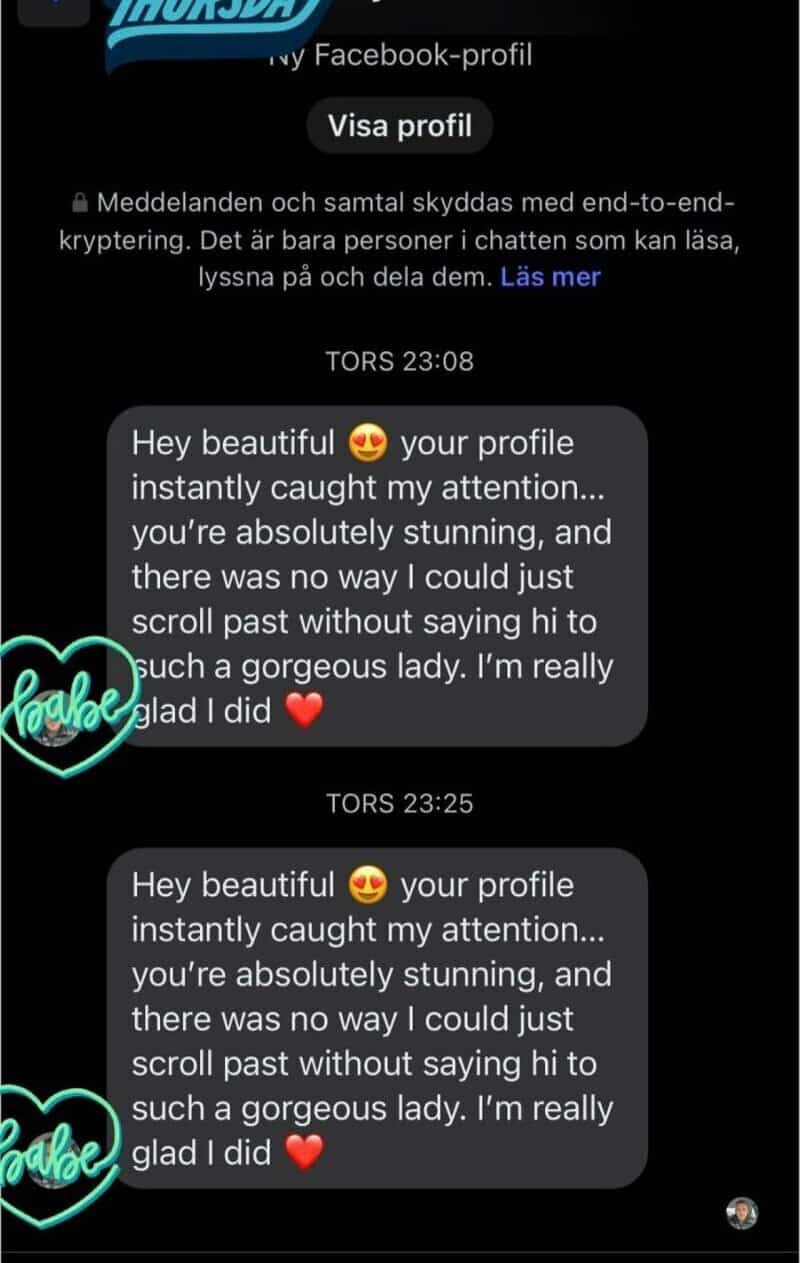 Screenshot of a chat conversation praising a woman's profile as stunning.