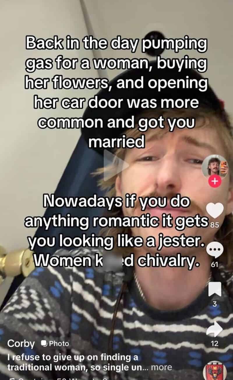 Young man with headphones, text about gender roles and chivalry.