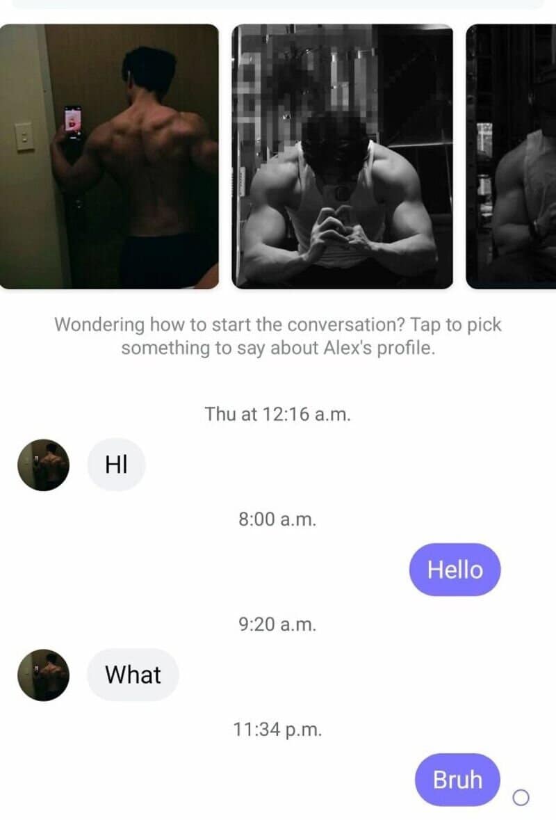 Three images of a muscular man taking mirror selfies, with a chat conversation below.