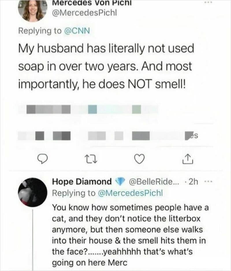 Twitter conversation about a husband not using soap and a cat's reaction.