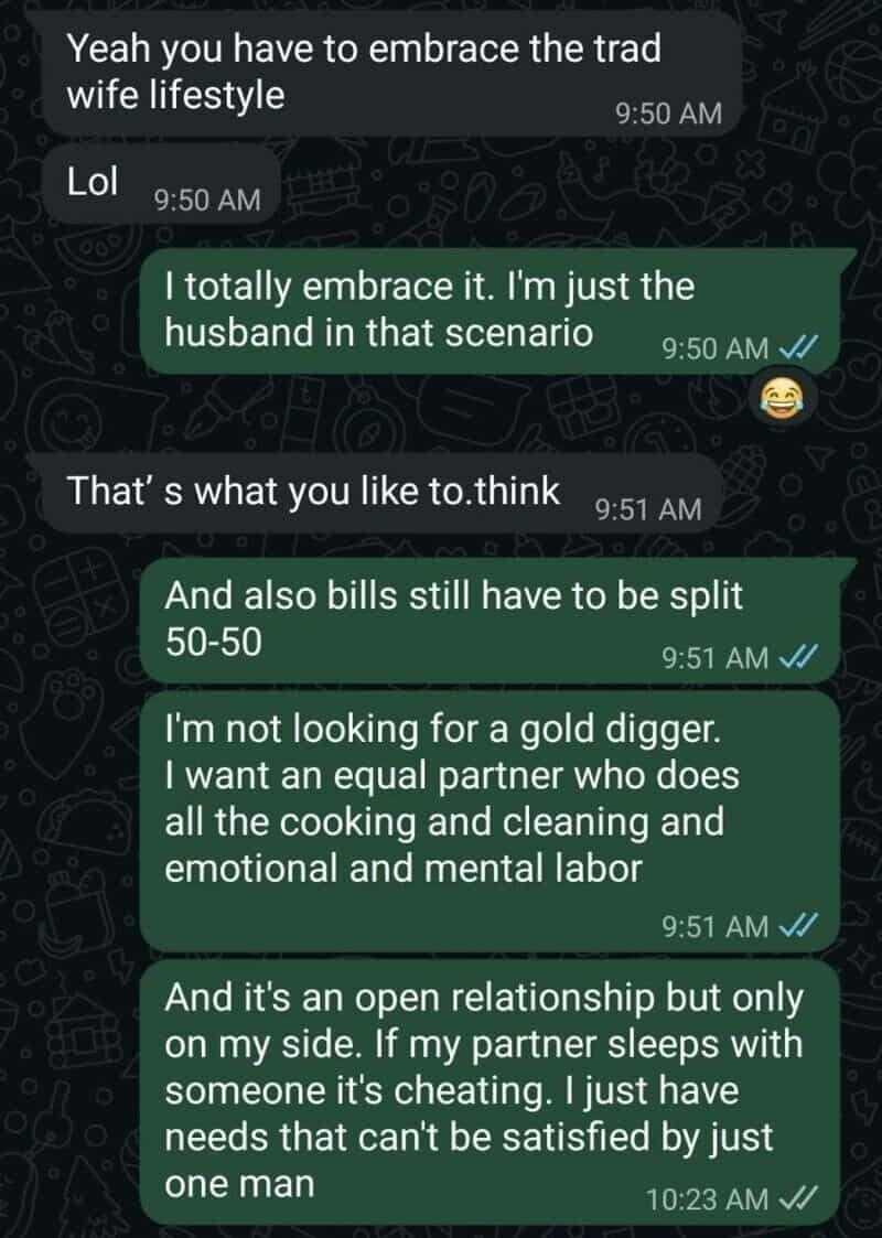 Text conversation about traditional wife lifestyle and relationship dynamics.