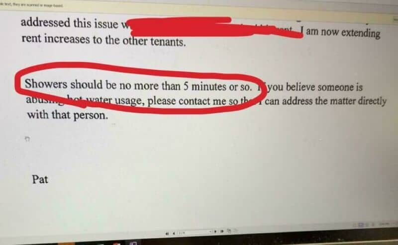 Notice about shower duration and water usage from landlord.