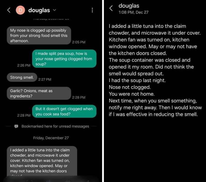 Screenshots of a WhatsApp conversation and a detailed story about a clogged nose and suspicious soup.
