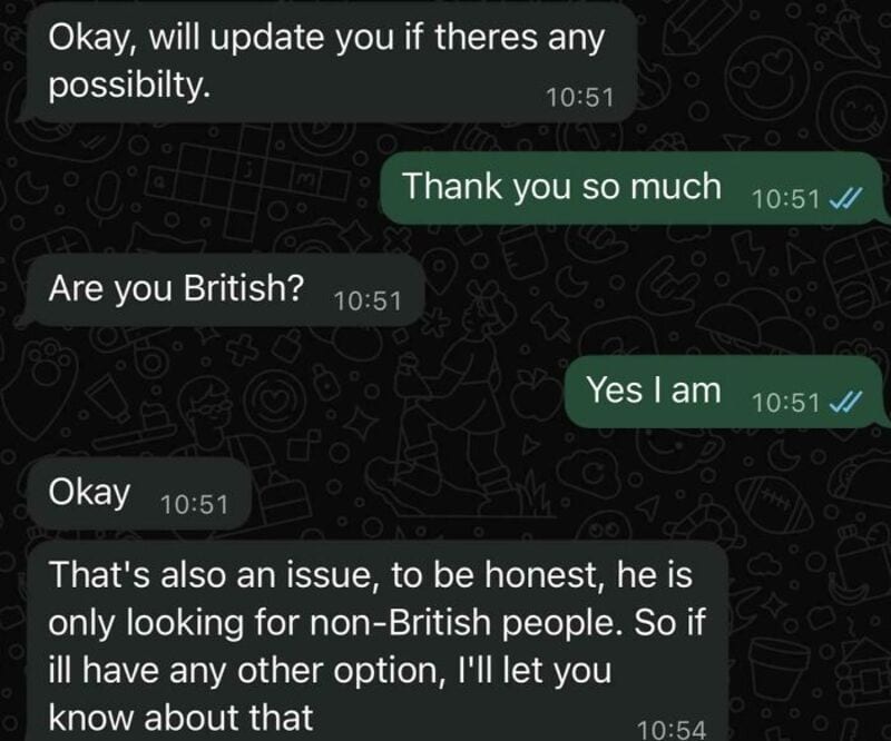 WhatsApp chat discussing nationality and options for non-British people.