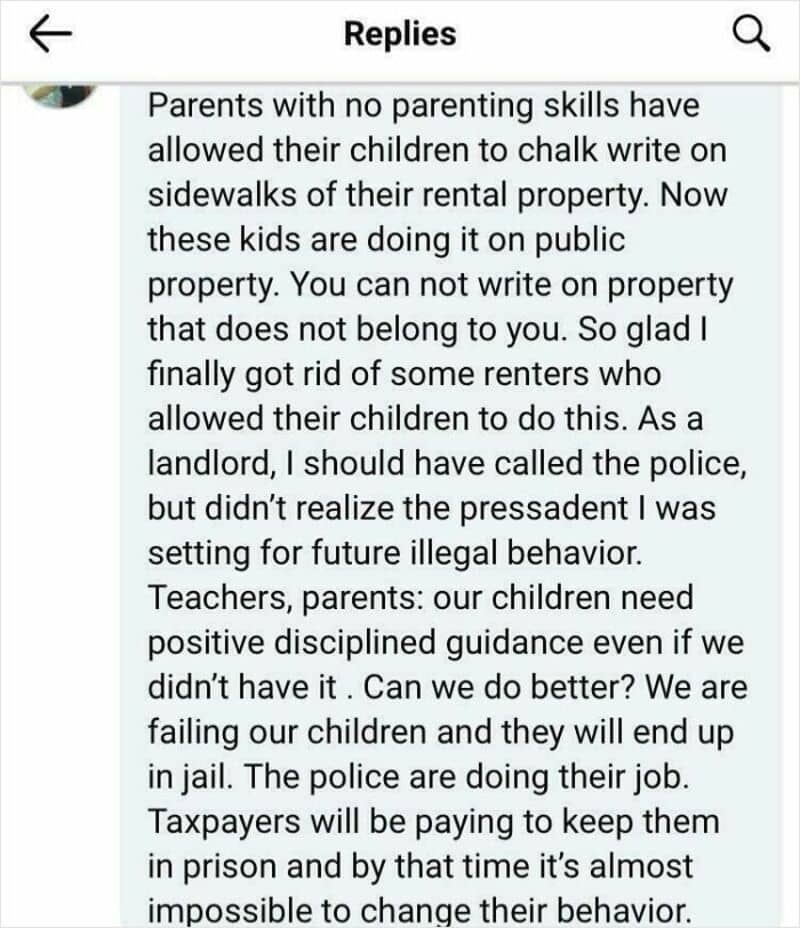 Screenshot of a social media post criticizing parents and landlords for children's behavior.