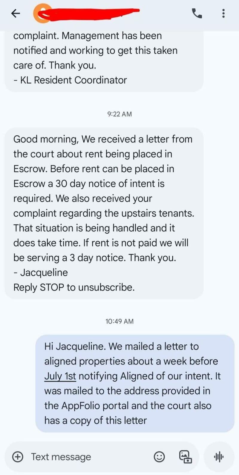 Text message conversation about rent and property issues.