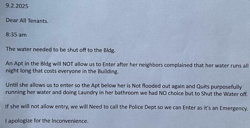 Notice about water shutoff and entry restrictions in the building.
