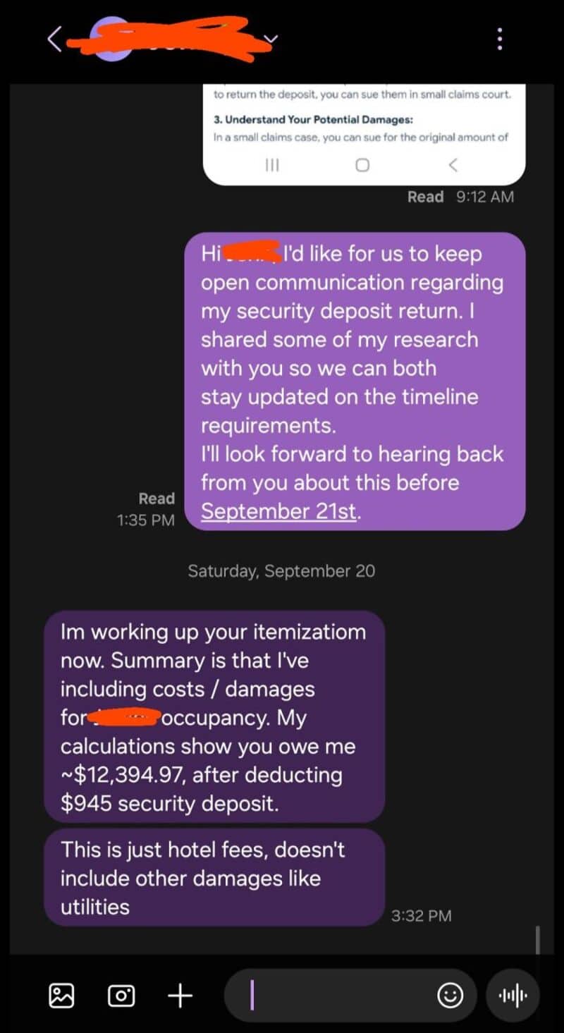 WhatsApp chat about security deposit, damages, and hotel fees.