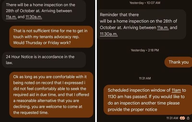 Text message conversation about home inspection scheduling and tenant advocacy.