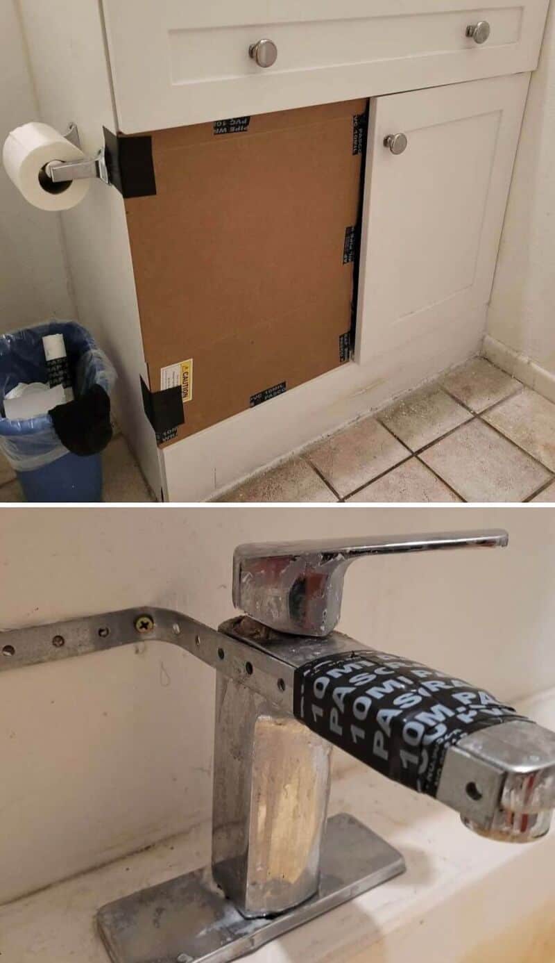 Cabinet door missing, exposing the inside, with a trash can nearby.