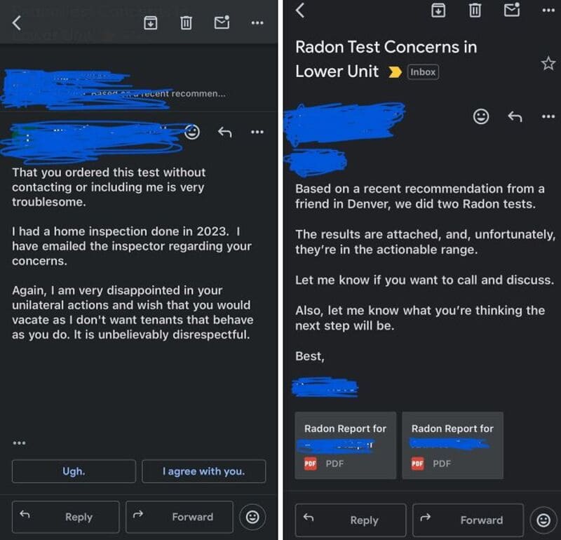Screenshots of emails about radon test concerns and reports.
