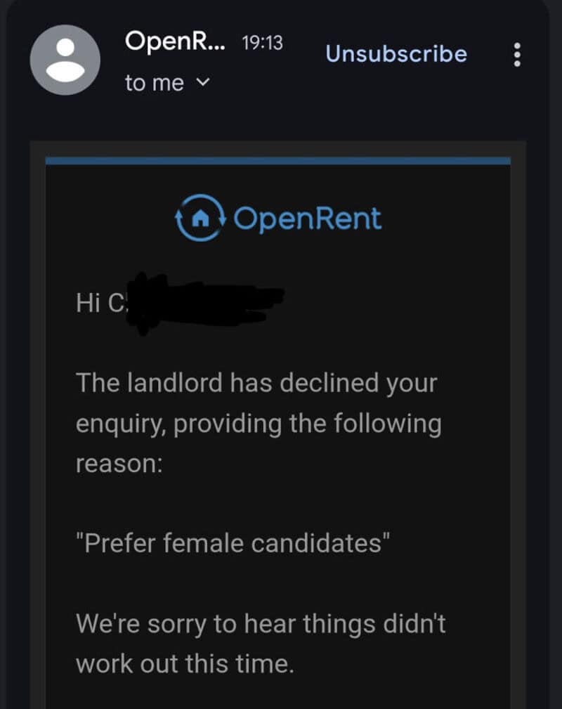 Email from OpenRent about landlord declining enquiry, preferring female candidates.