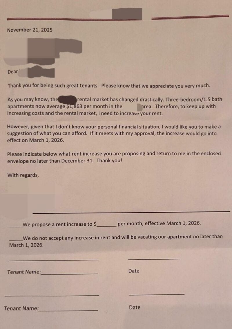 Letter about rent increase, dated November 21, 2025, discussing rent changes and policies.