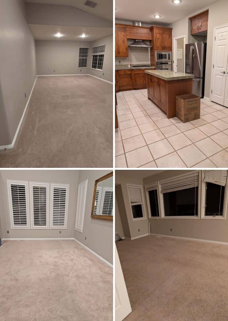 Empty room and kitchen with cardboard box, showing landlord's poor maintenance.