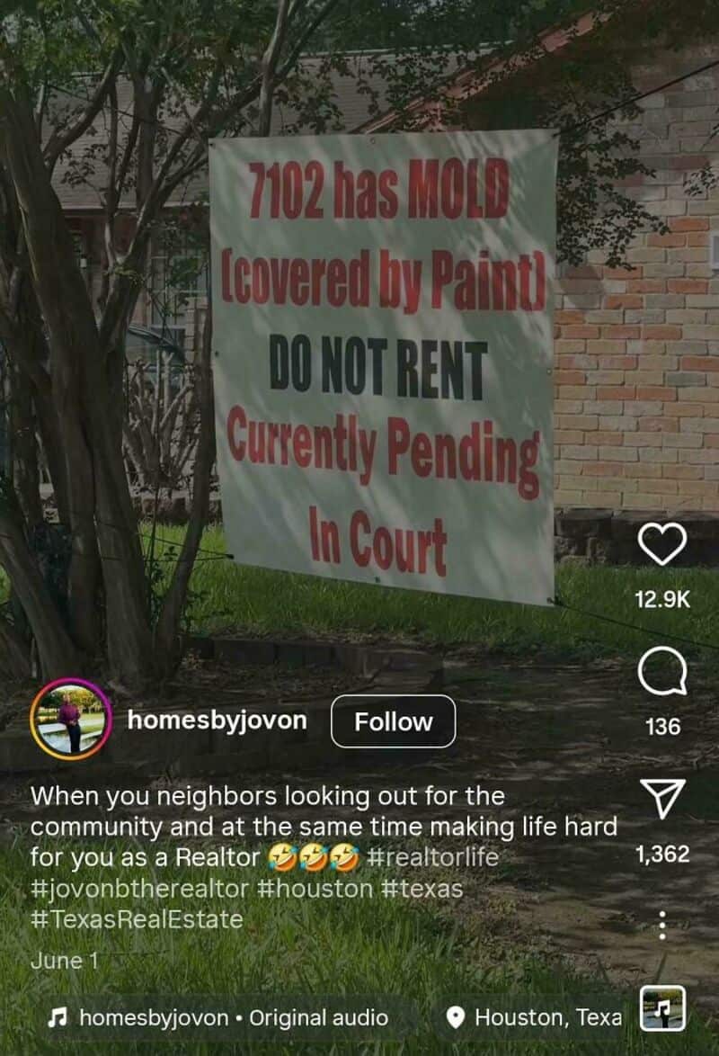 Sign says 7102 has MOLD covered by paint, do not rent, pending in court.