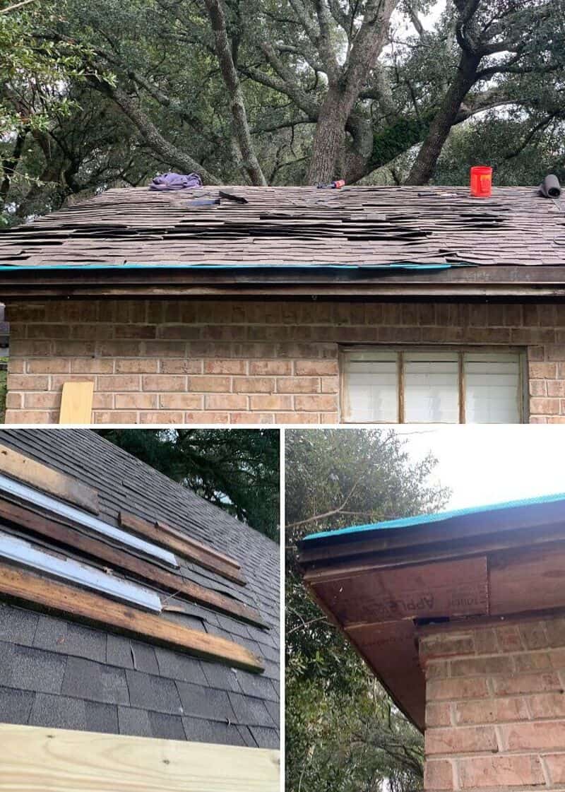 Damaged roof with missing shingles, sagging eaves, and overgrown trees.