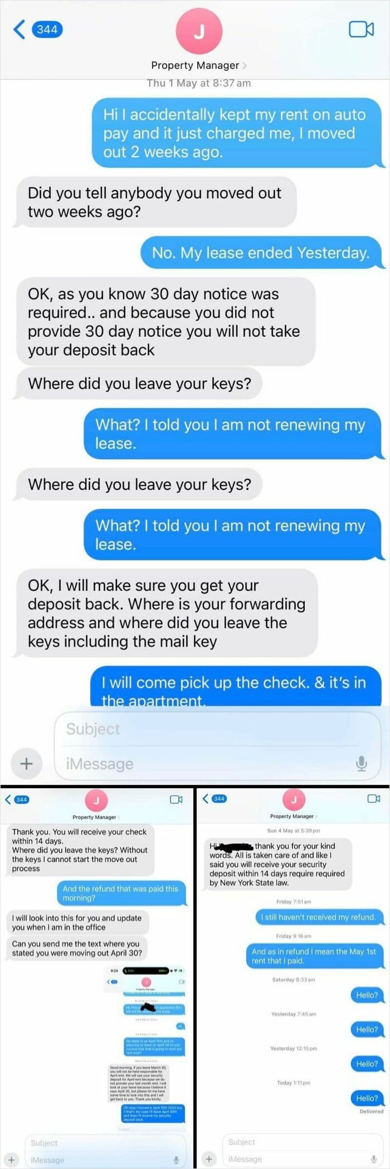 Text message exchange about lease renewal and property check.