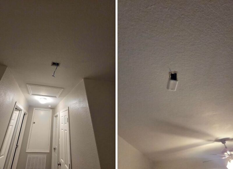 Ceiling with a missing light fixture and an exposed hole.