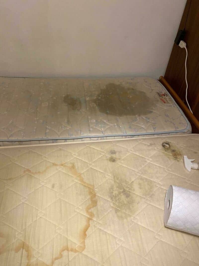 Dirty and stained mattresses on a bed in a poorly maintained room.