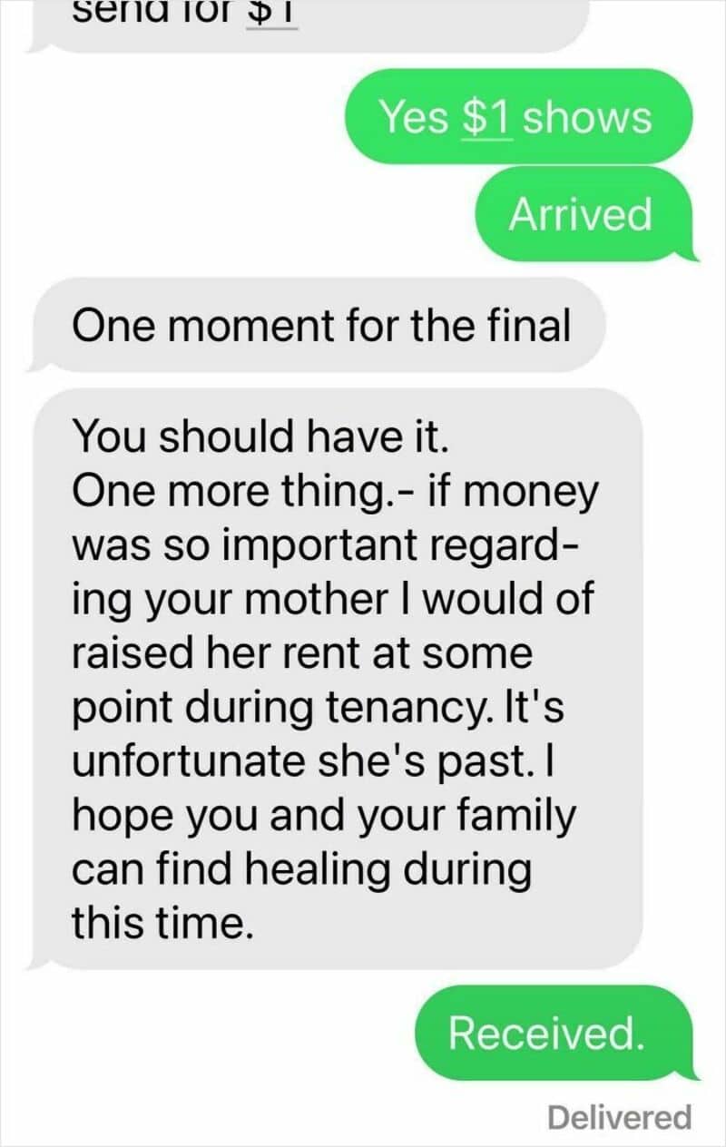Text message conversation about rent and payment confirmation.