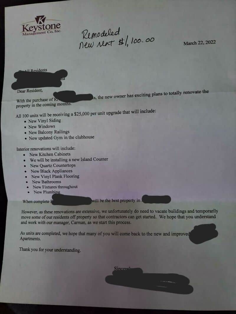 Letter about apartment renovation with details of upgrades and costs.