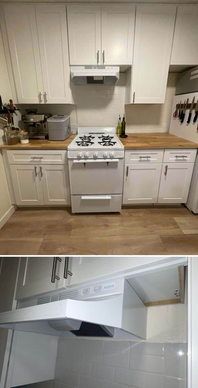 Kitchen with white cabinets, stove, and wooden countertops, with a range hood above.