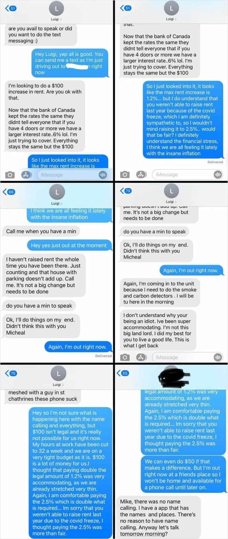 Screenshots of a conversation about rent and financial issues with a landlord.