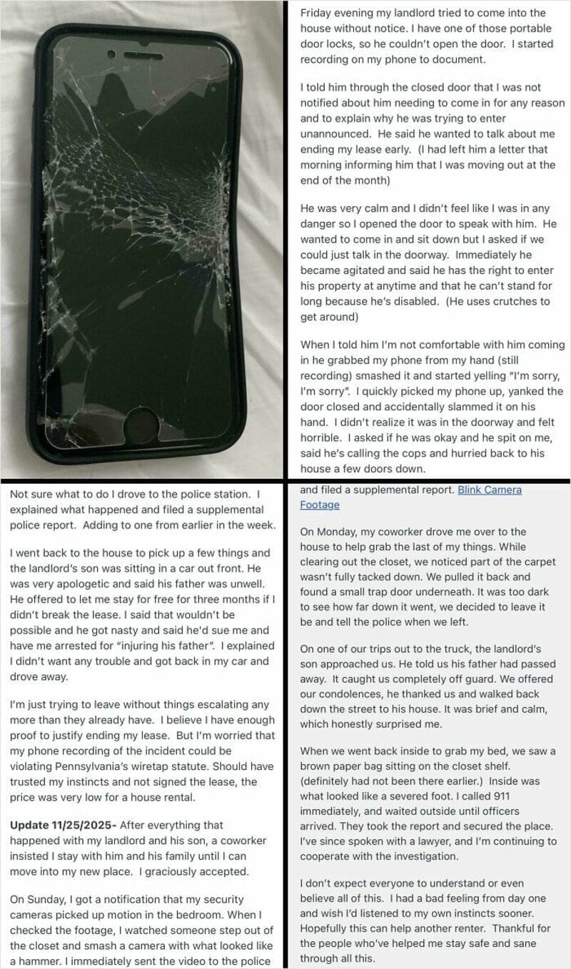 A lengthy text about a landlord and tenant issue, with a mention of a police report and a broken car.
